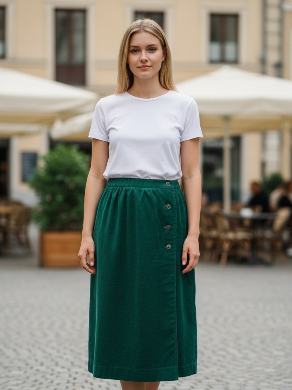 70s LACOSTE KELLY GREEN COTTON CORDUROY PREPPY WRAP SKIRT SIDE BUTTON CLOSURE 10